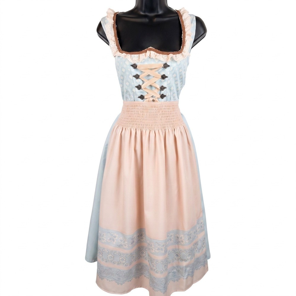 New S Oktoberfest Light Blue Pink Lace Trim Dirndl Dress Apron